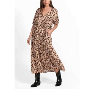 Johnny Was Calme Tiered Floral V-Neck Midi Dress Womens Medium Pink Excellent